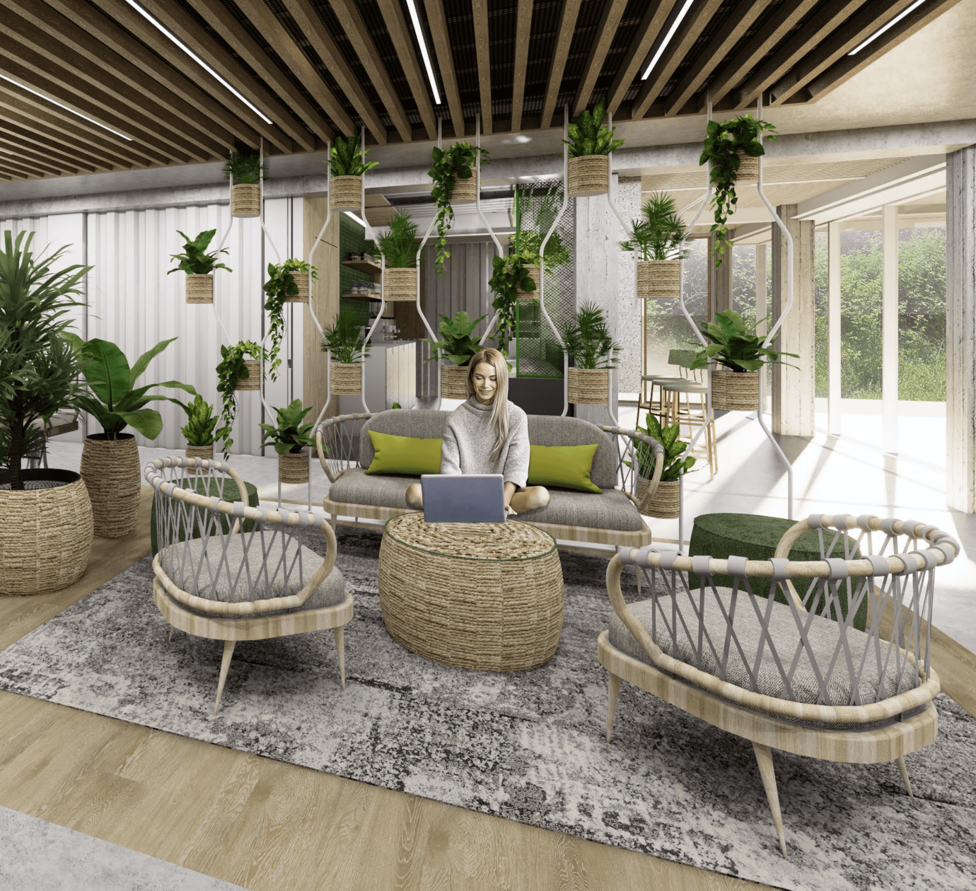 Woman working on laptop in a modern, green-filled lounge area with hanging plants, wicker furniture, and natural light.