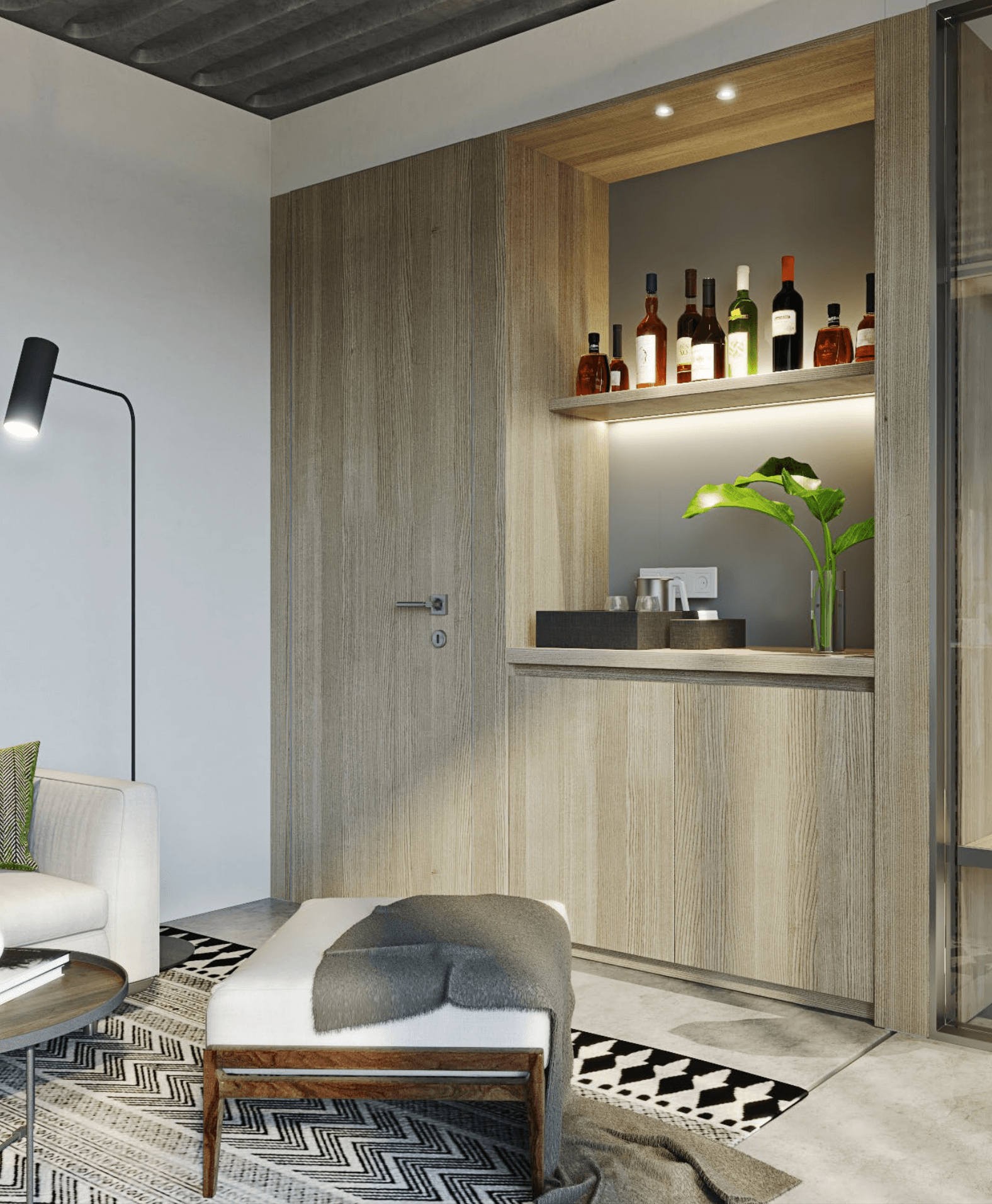 Wooden bar with bottles and a plant, set in a modern living room.