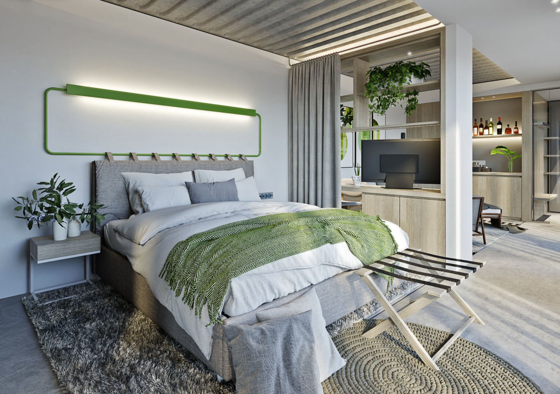Modern bedroom with bed, plants, and workspace. Green and neutral tones with natural light.