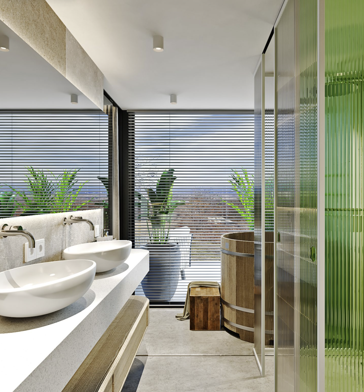 Modern bathroom with a wooden tub, two sinks, plants, and large windows with blinds.