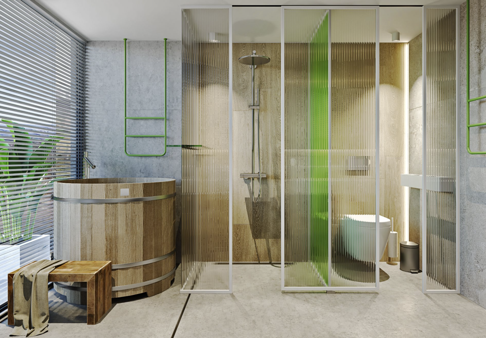 Bathroom with a wooden tub, shower, and toilet. Green accents, gray walls, and wooden panels.