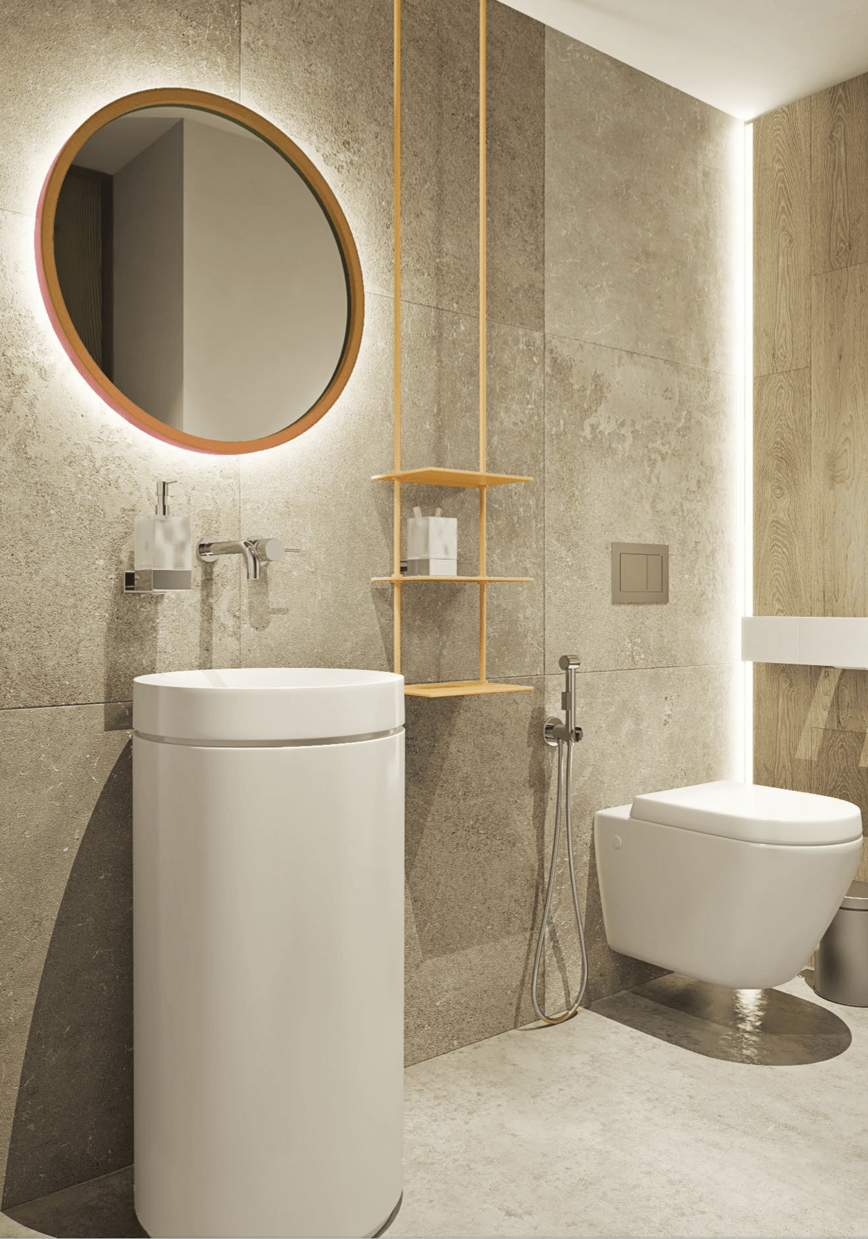 Modern bathroom with round mirror, floating toilet, pedestal sink, and gold shelves.