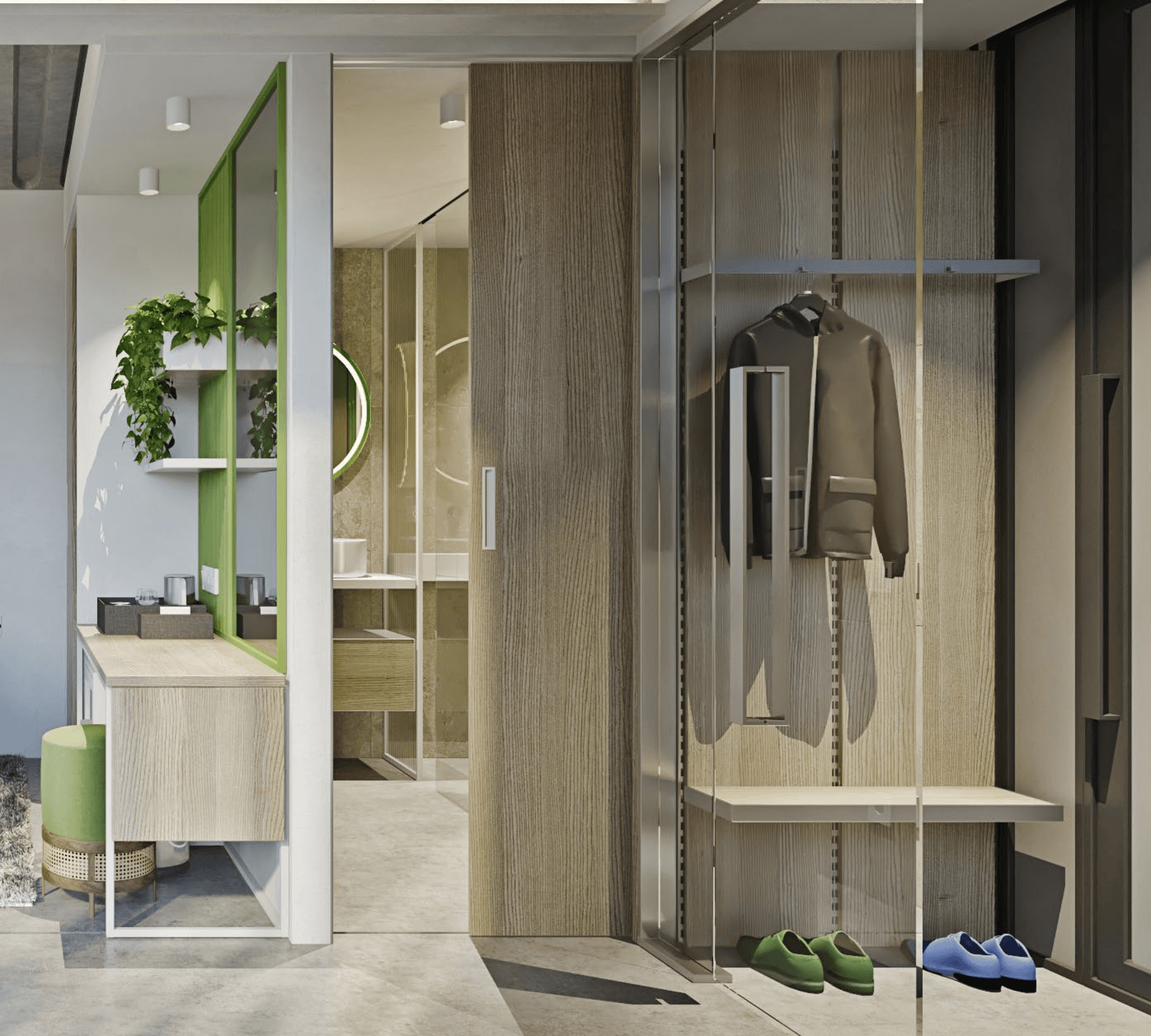 Modern bathroom with wooden paneling and a hanging jacket, plus green accents and built-in shelving.