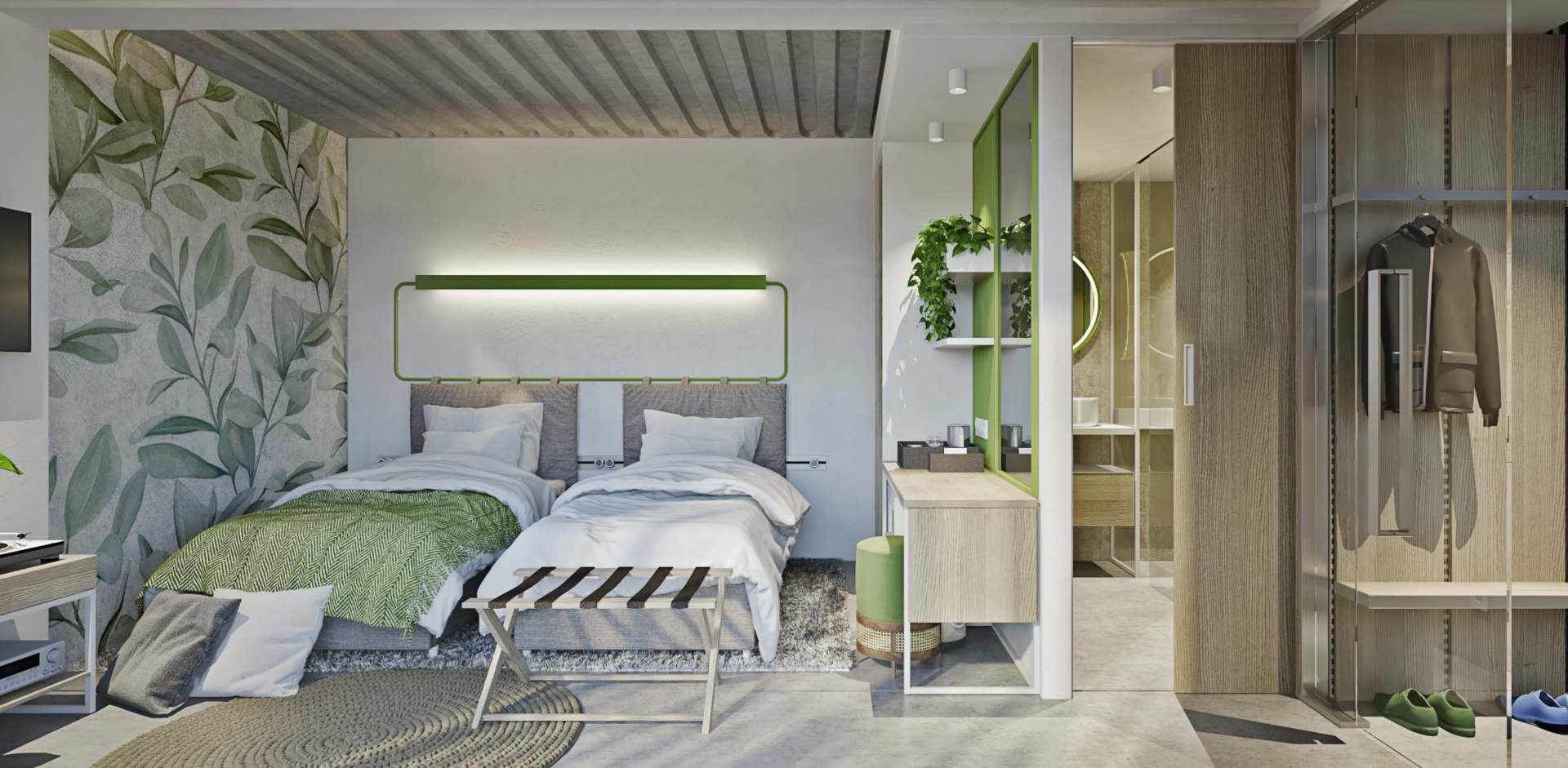 Hotel room with two beds, a bathroom, and a wardrobe. Green and white decor with natural light.