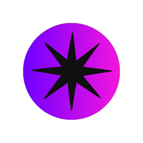 Black eight-pointed star inside a purple and pink gradient circle.