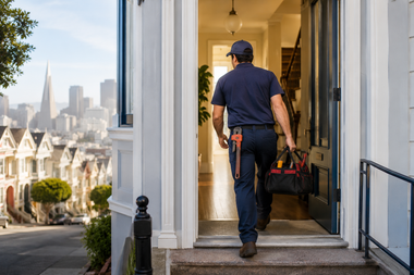 Worker carrying tools walks into a house through an open doorway.