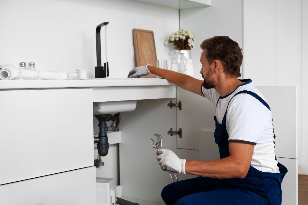 Plumber repairs under-sink pipes in a white kitchen, reaching into the cabinet.