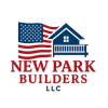 Logo for New Park Builders LLC: American flag, blue house with porch, red text.