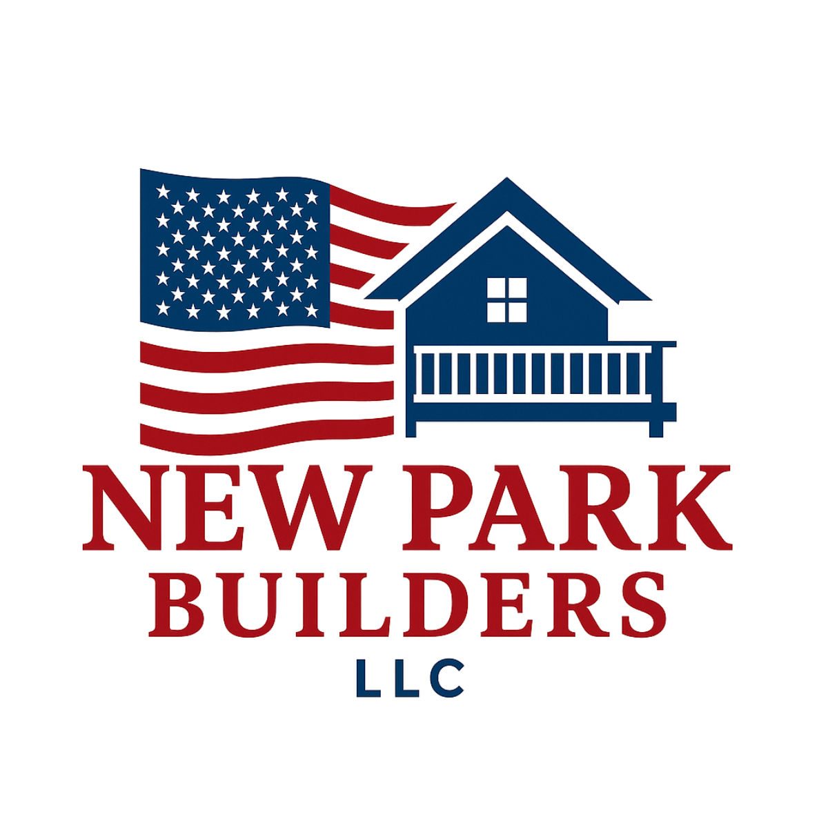 Logo for New Park Builders LLC: American flag, blue house with porch, red text.