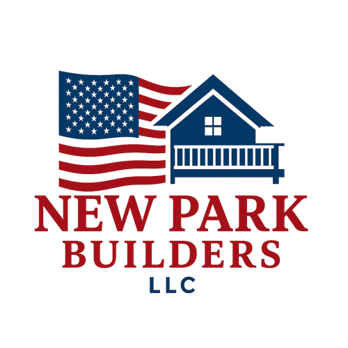 Logo for New Park Builders LLC: American flag, blue house with porch, red text.