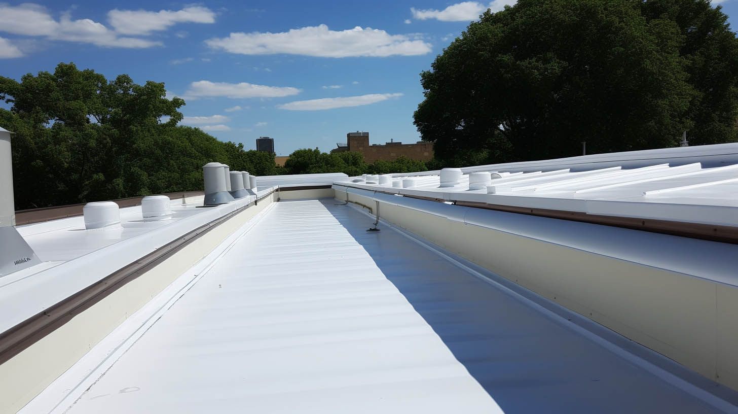 White flat roof with vents and brown trim, trees and buildings in background.