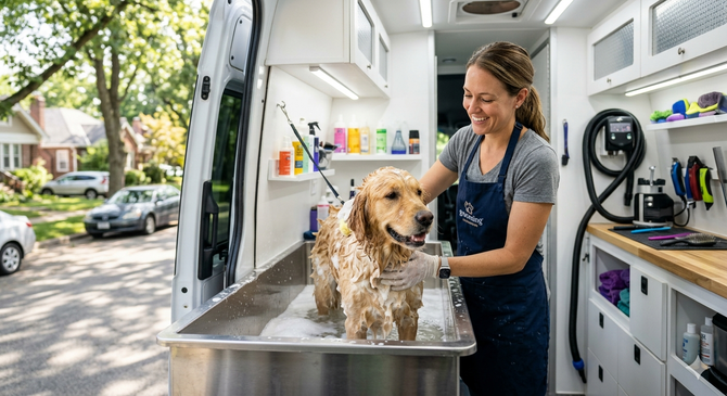 Golden Retriever getting a bath inside a mobile grooming unit