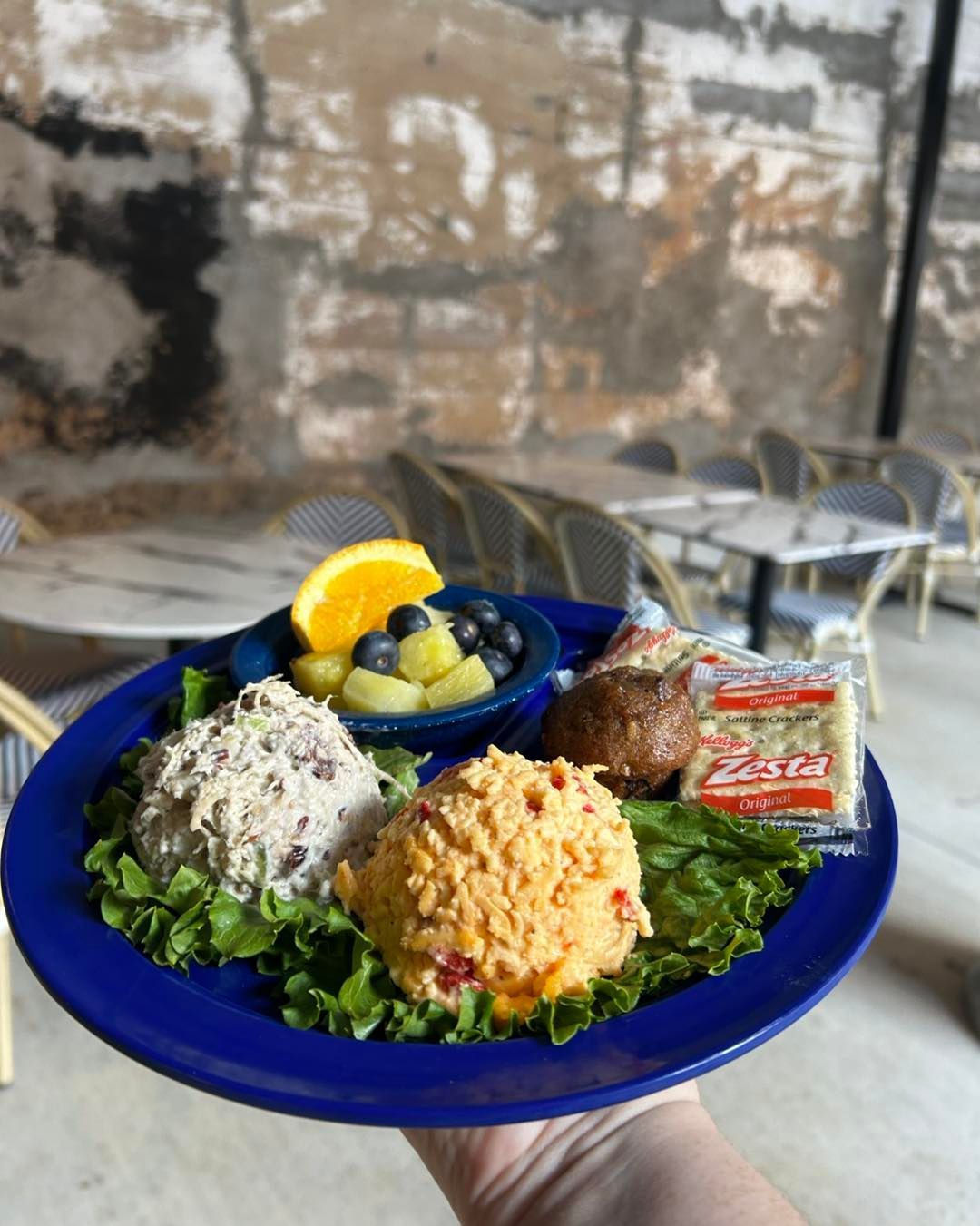 A plate with chicken salad, pimento cheese, fruit, and crackers held outdoors.