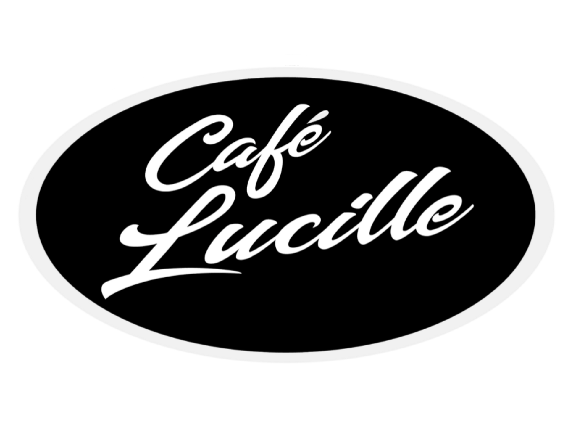 Logo for Café Lucille: white script on black oval, outlined in white.