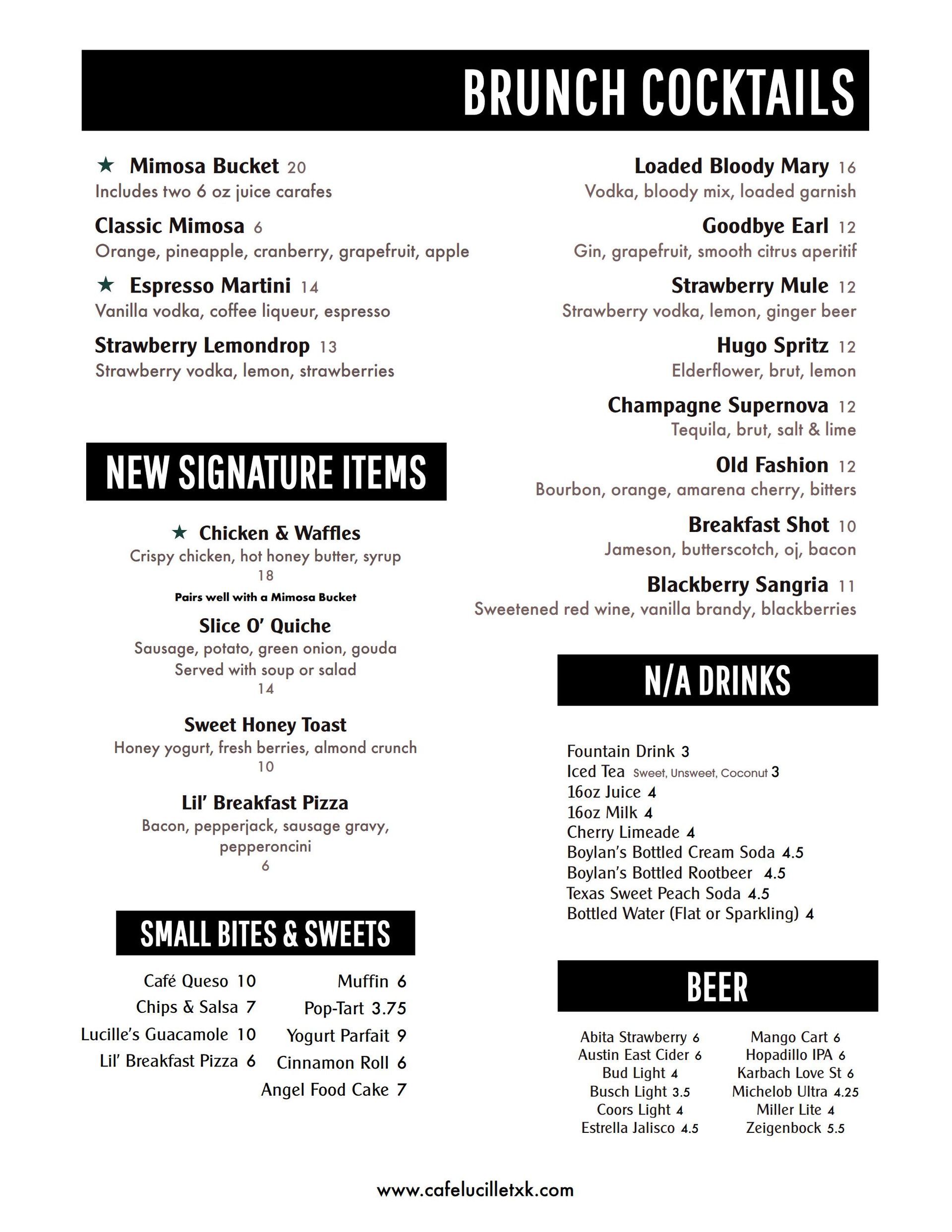 Brunch cocktail menu with drink names and prices, along with food and beer options.