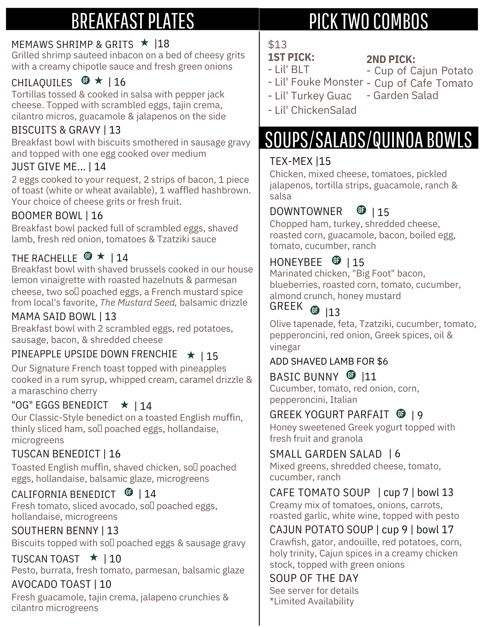 Restaurant menu with breakfast plates, sides, soups, salads, and quinoa bowls.