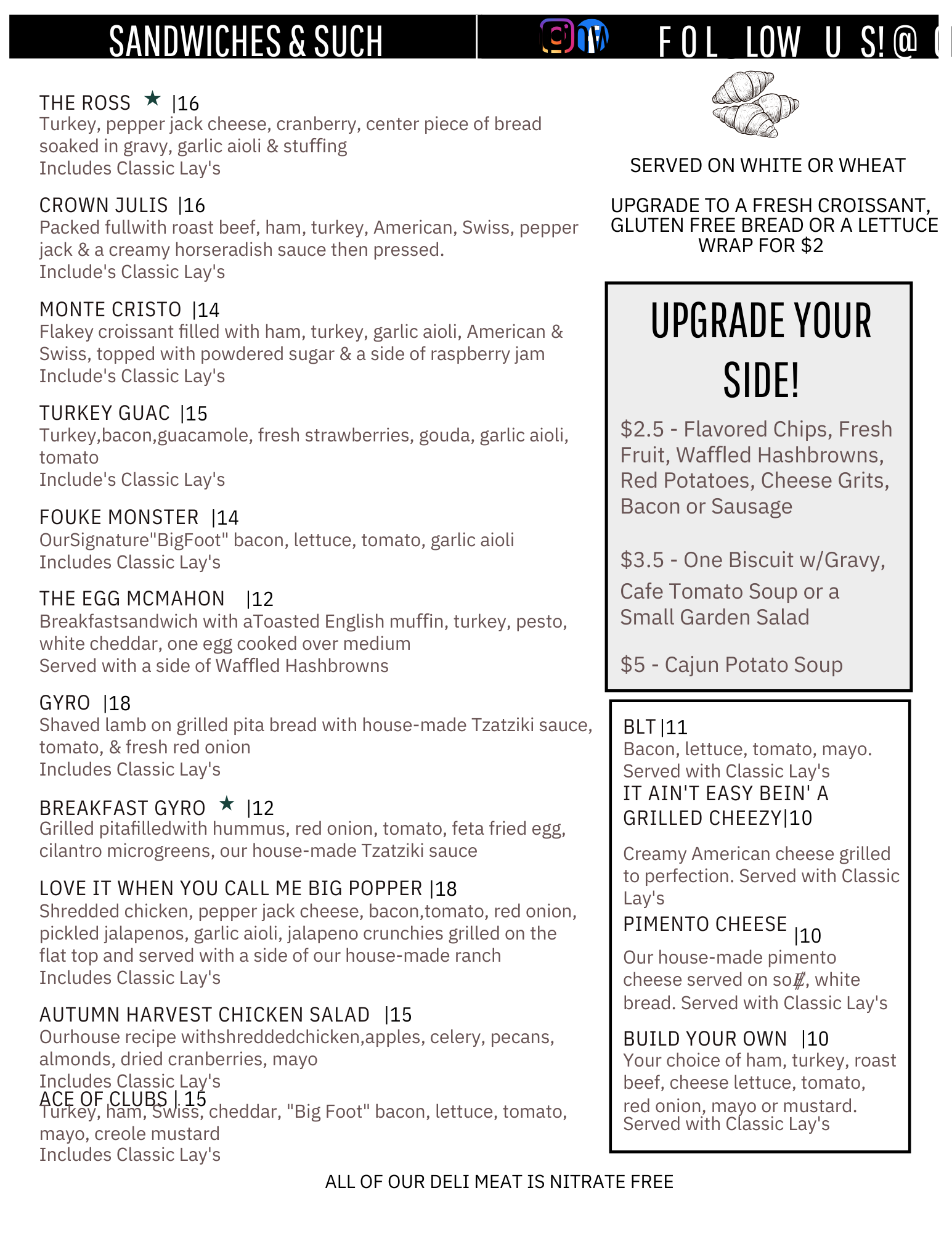 Menu for a sandwich shop with descriptions and a section to upgrade your meal.