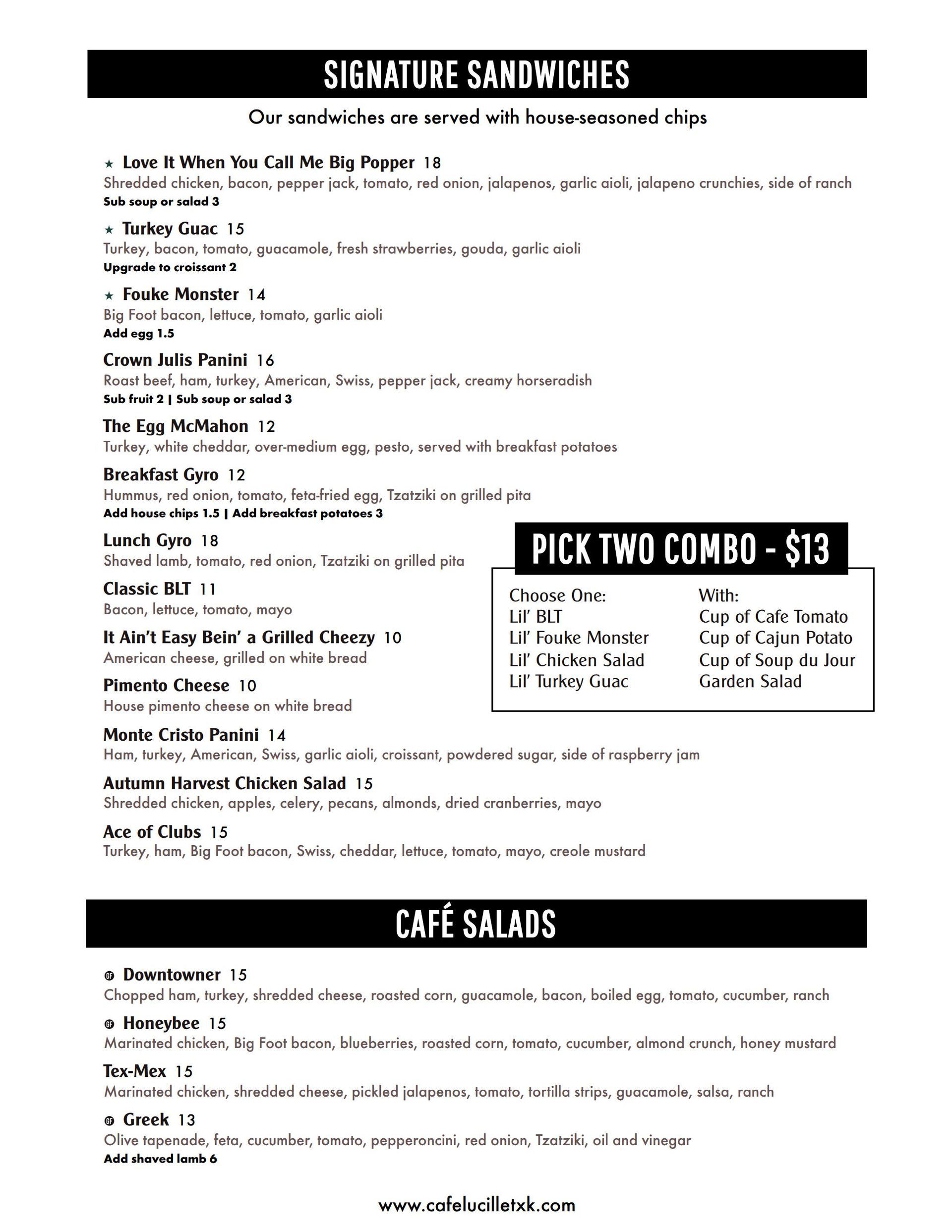 Menu displaying signature sandwiches, cafe salads, and pick-two combo options.