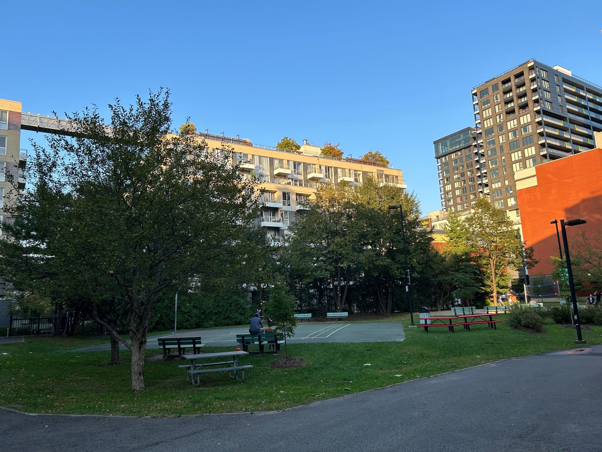 Un parc avec des arbres et des tables de pique-nique devant un bâtiment