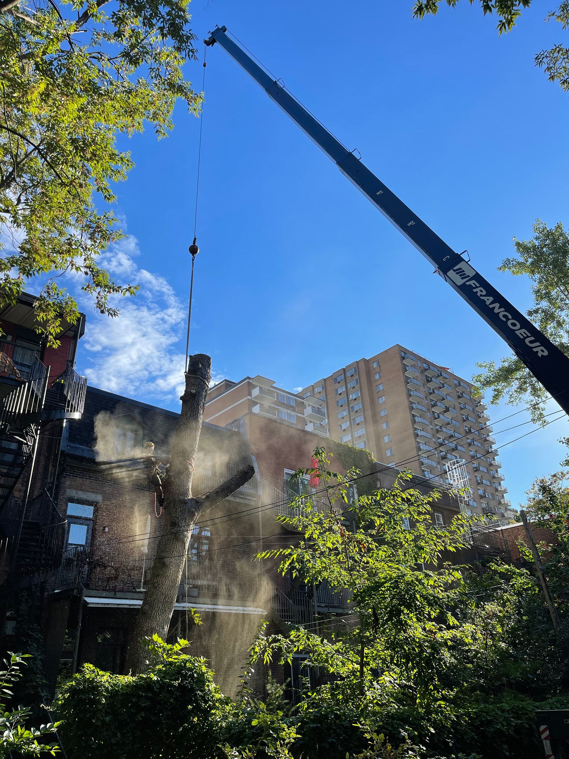Une grue est utilisée pour retirer une cheminée d'un bâtiment