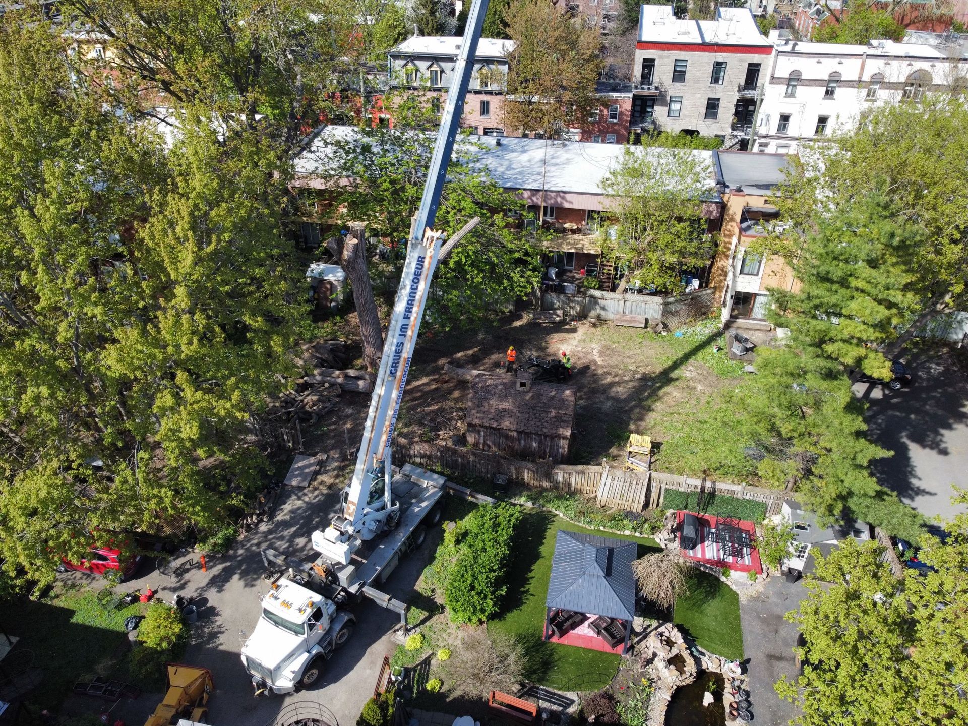 Une vue aérienne d'une grue soulevant un arbre dans une cour.