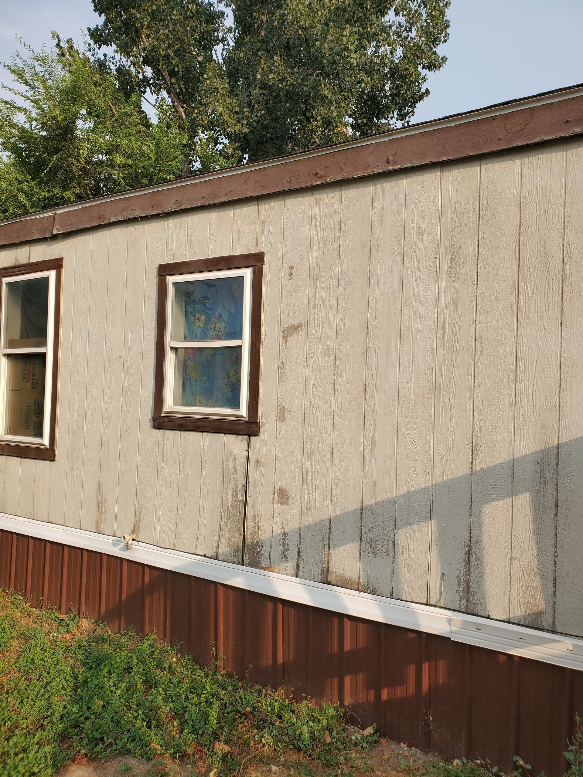 Mobile home with weathered siding, brown trim, and two windows; grass and trees in background.