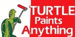 Turtle holding paint roller, red and white logo, text reads "Turtle Paints Anything".