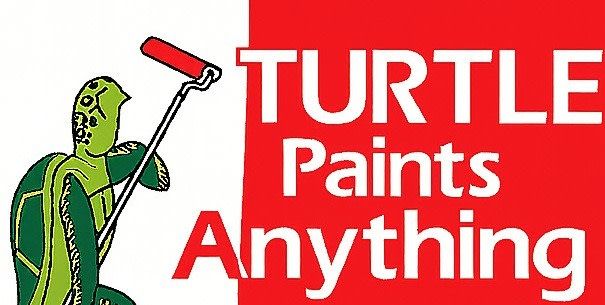 Turtle holding paint roller, red and white logo, text reads "Turtle Paints Anything".