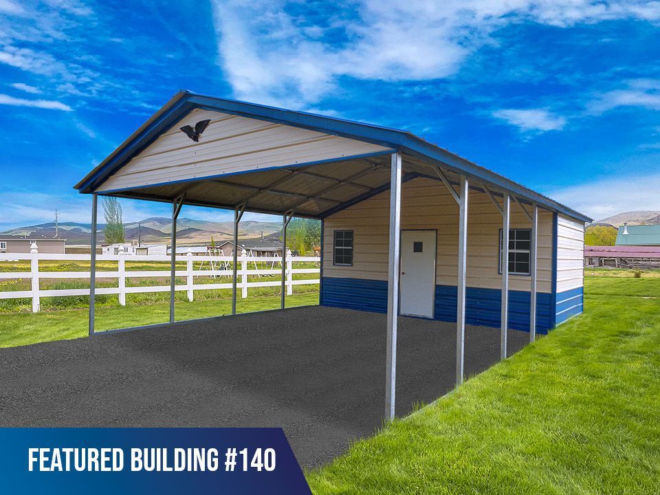 A blue and white carport with the words featured building # 140 on the bottom