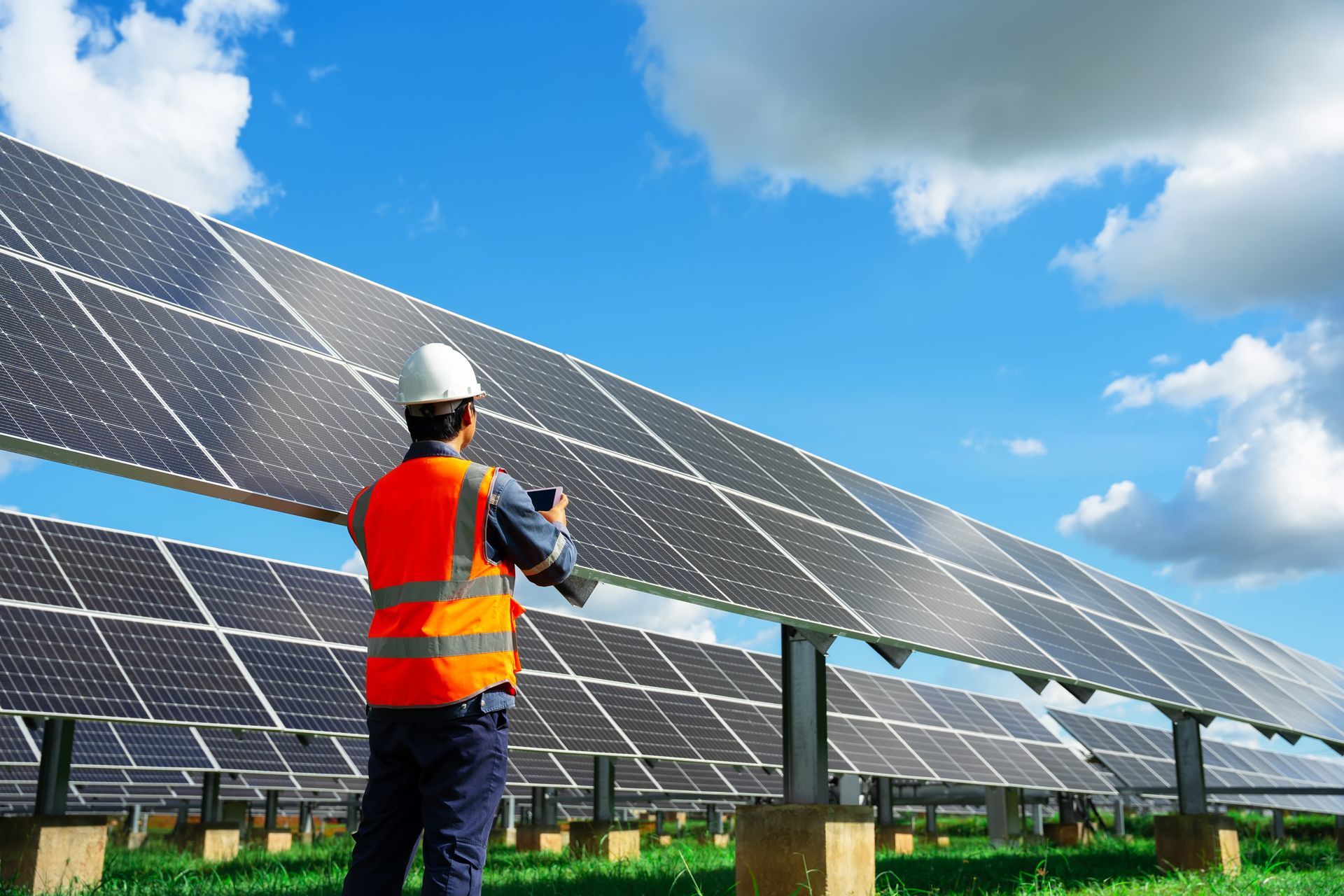 A man is standing in front of a row of solar panels.