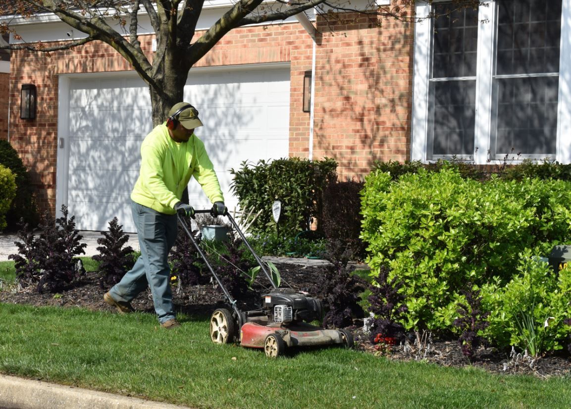 A man is kneeling down in the grass in a garden.