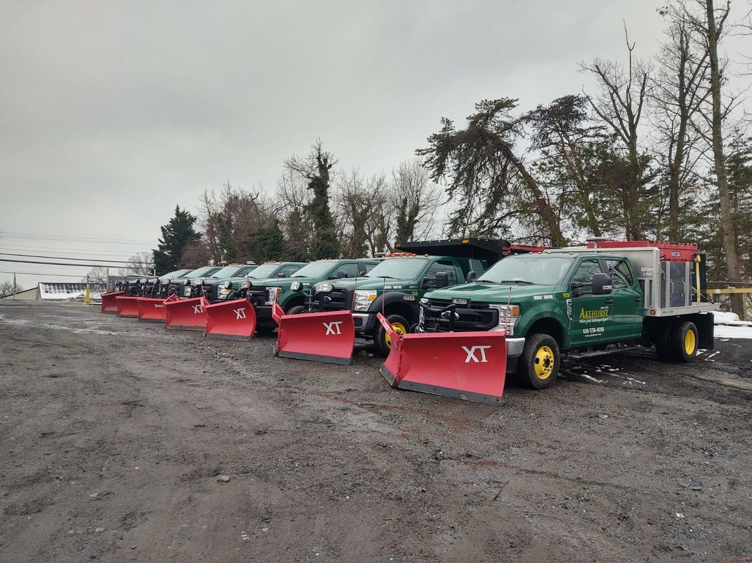 A row of snow plows are parked in a parking lot.