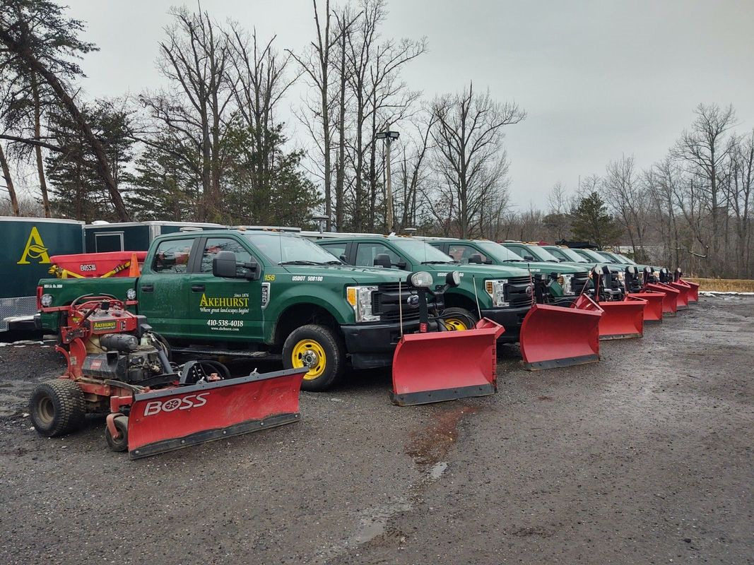 A row of snow plows are parked in a parking lot.