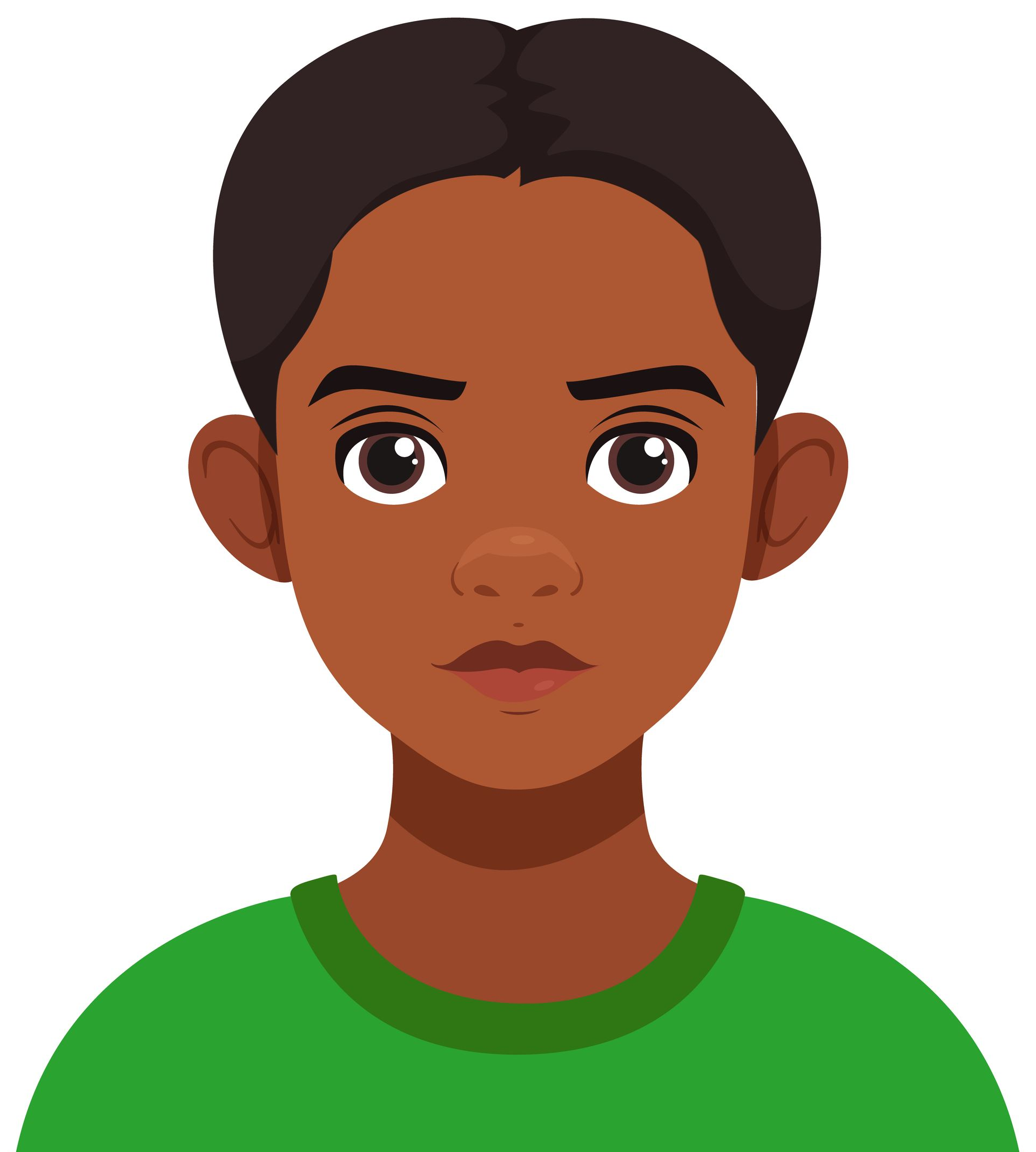 Personne à la peau foncée, portant une chemise verte, regardant droit devant elle avec une expression neutre.