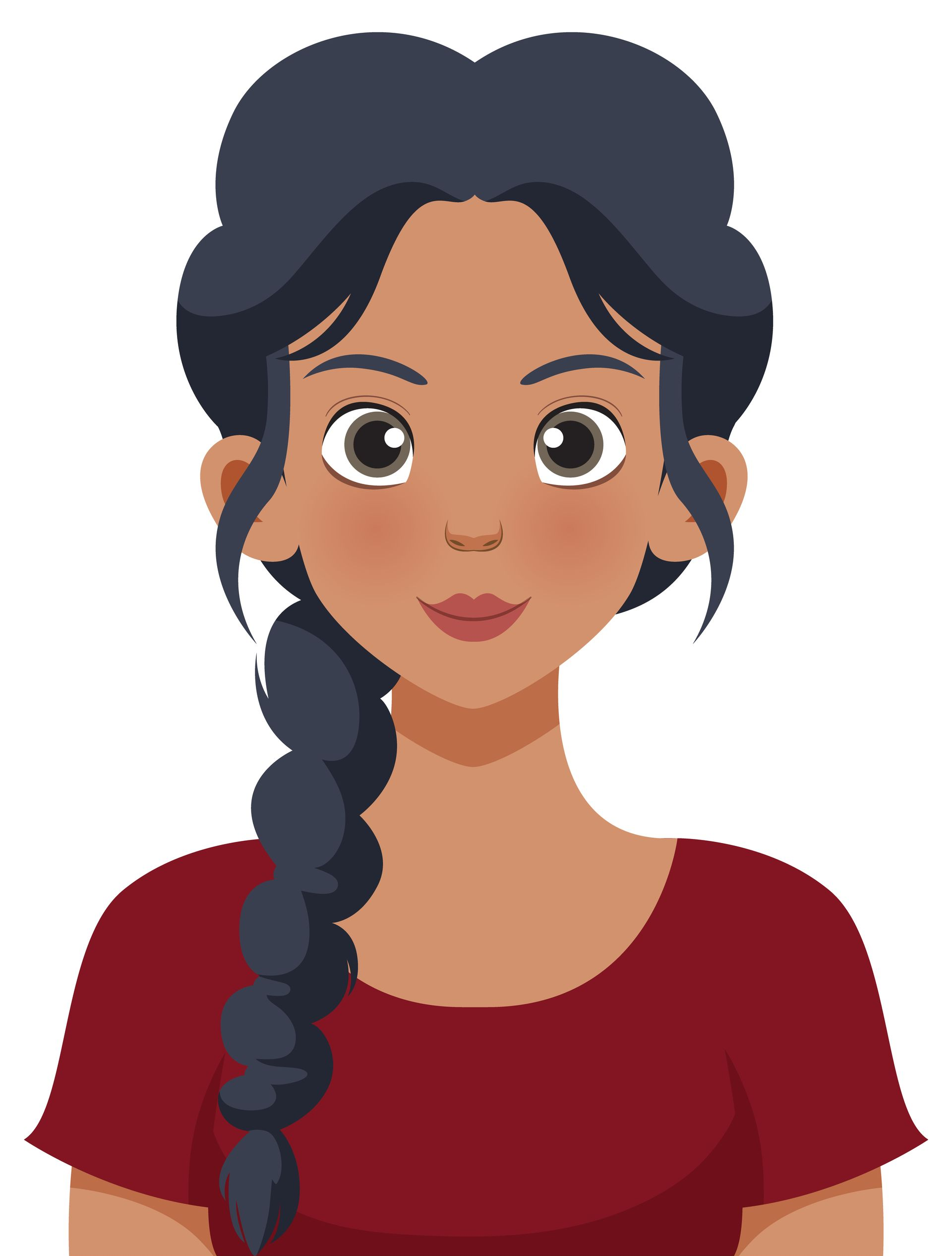 Femme aux cheveux noirs tressés, vêtue d'une chemise rouge, souriante.