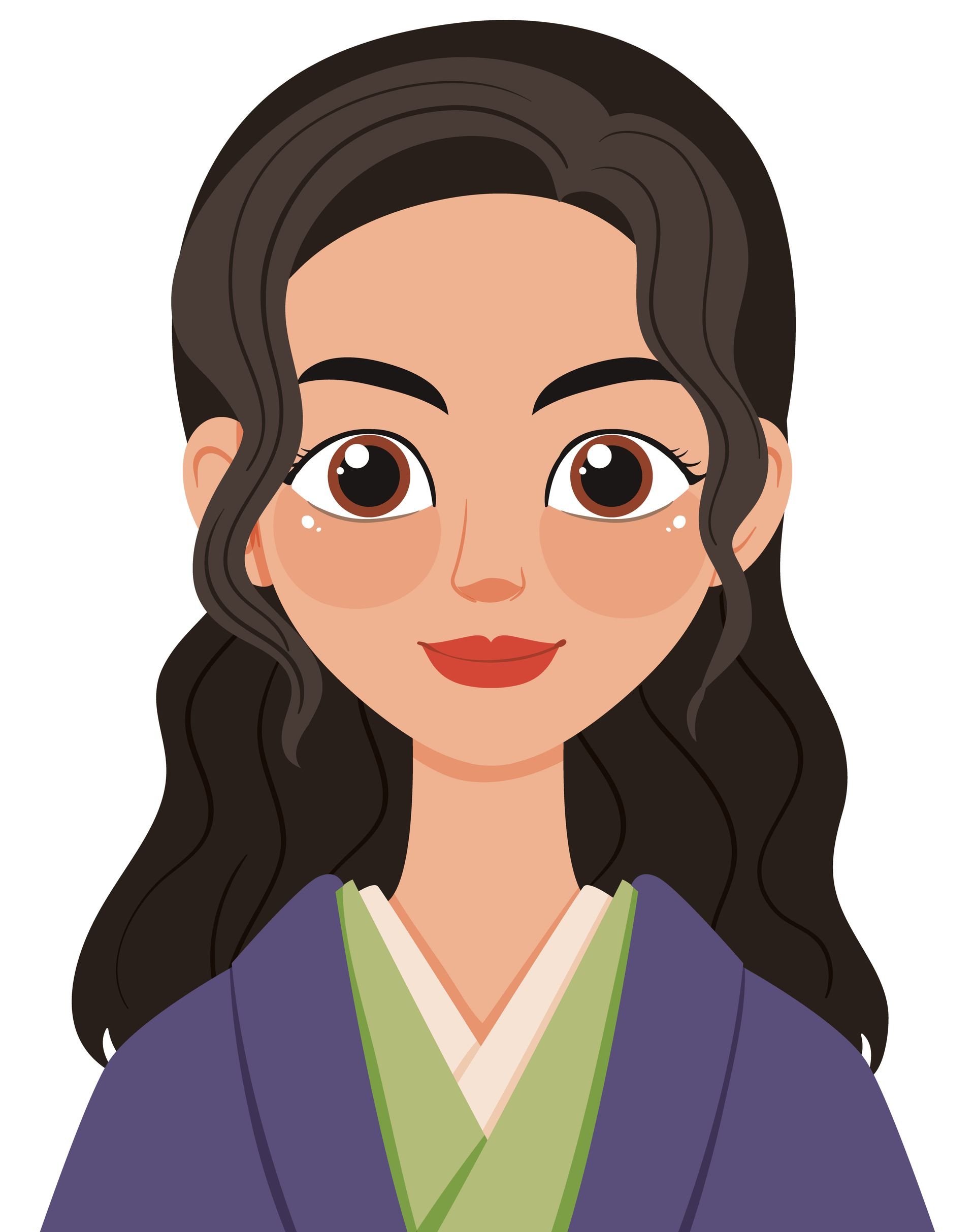 Femme aux cheveux noirs ondulés, portant un manteau violet et un sous-manteau vert, souriante.