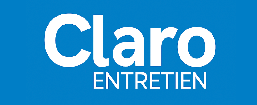 Logo Claro Entretien sur fond bleu. Texte blanc.