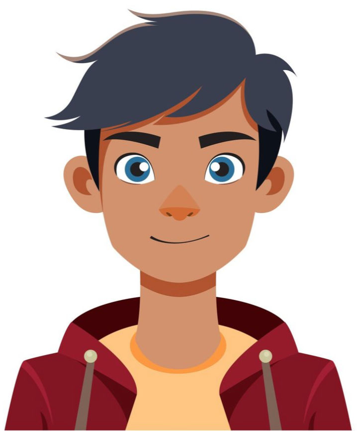 Personnage animé aux yeux bleus, à la peau brune, aux cheveux foncés, portant une veste à capuche rouge et une chemise jaune.