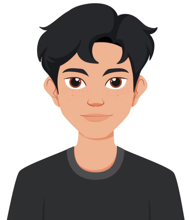 Illustration de style dessin animé représentant une personne aux cheveux foncés, aux yeux marrons et portant une chemise noire.