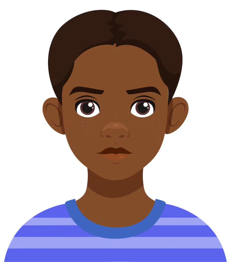 Personne à la peau foncée, aux cheveux courts et foncés, portant une chemise à rayures bleues.