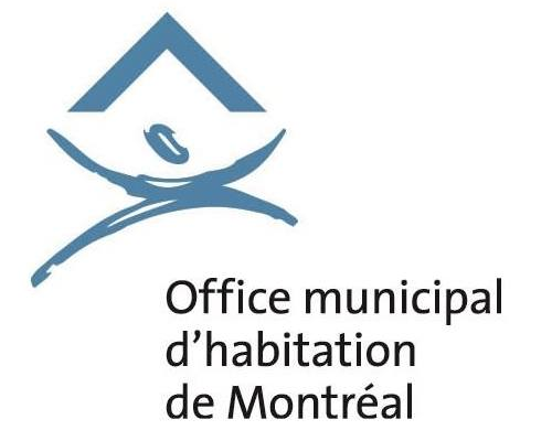 Logo bleu : maison stylisée au-dessus d'une personne, avec le texte « Office municipal d'habitation de Montréal ».