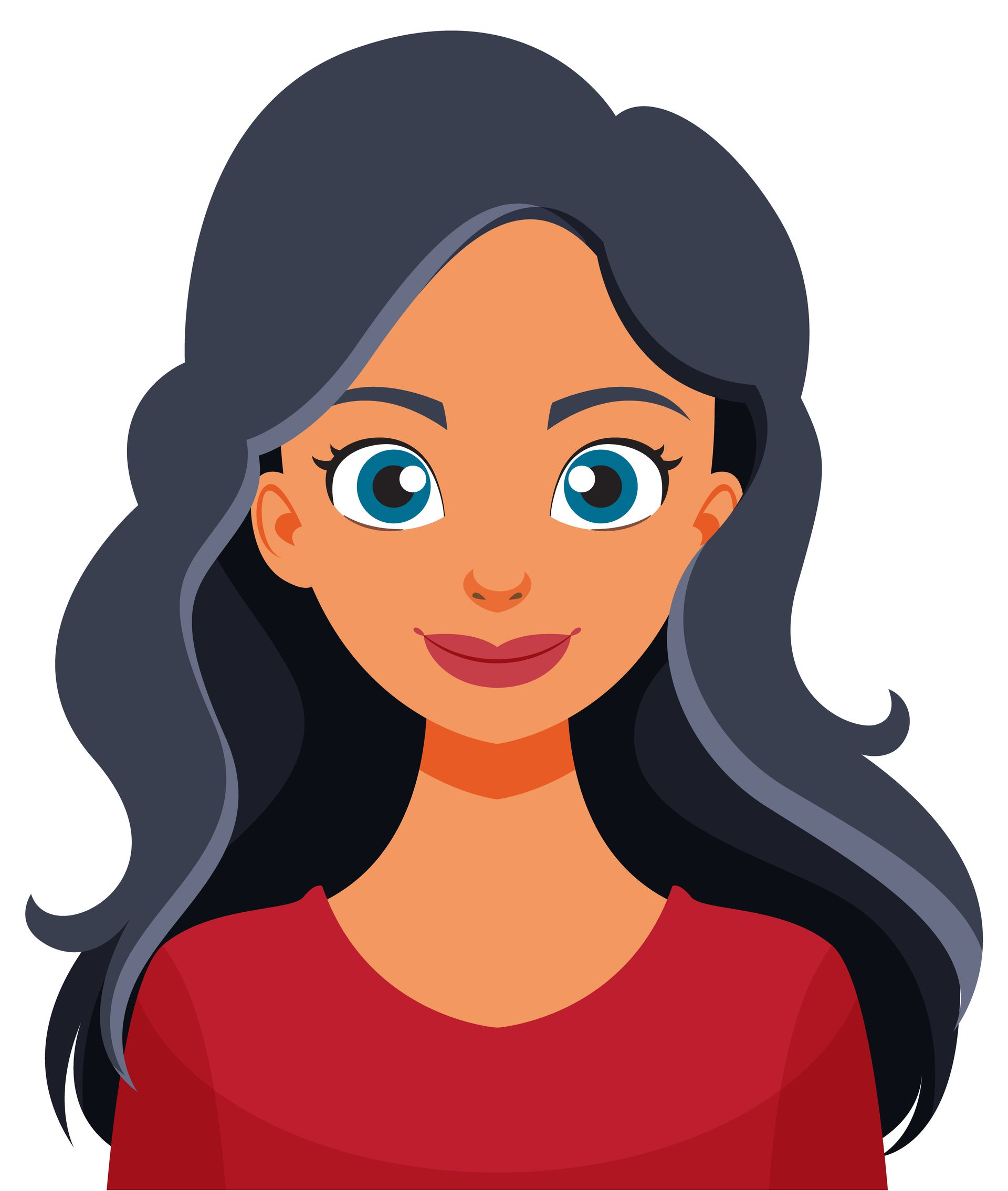 Femme aux cheveux bruns ondulés et aux yeux bleus, vêtue d'une chemise rouge, souriante.