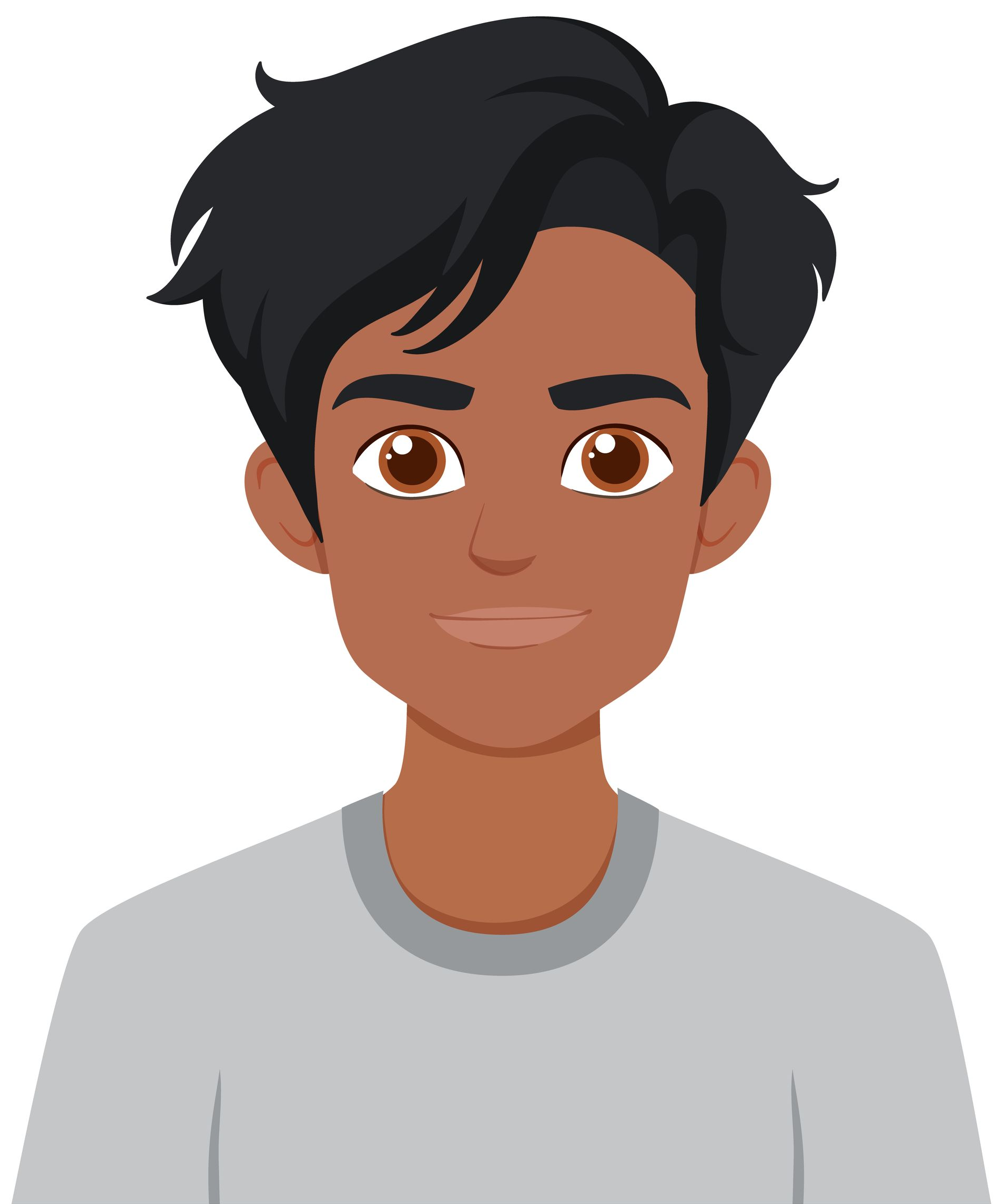 Homme aux cheveux foncés et aux yeux marrons portant une chemise grise.