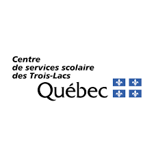 Logo of Centre de services scolaire des Trois-Lacs Québec, featuring text and four blue fleur-de-lis symbols.