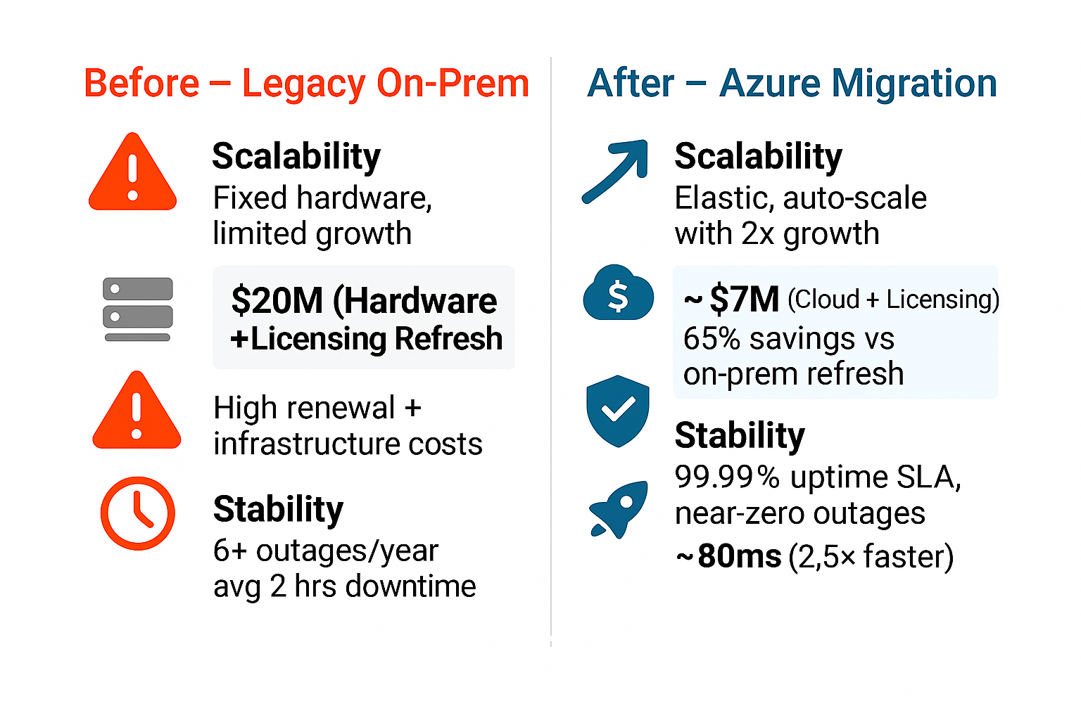Comparison of legacy on-prem vs. Azure migration. Before: scalability issues, high costs, instability. After: improved scalability, savings, high uptime.
