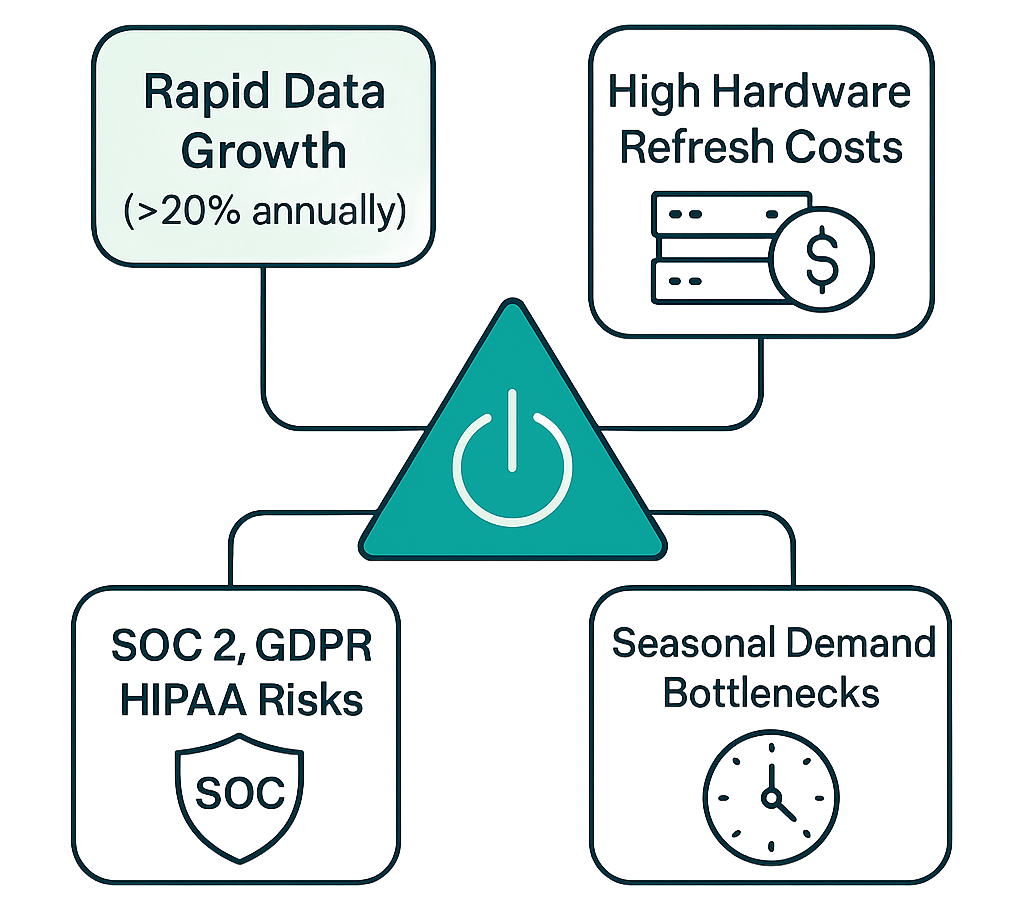 Diagram showing challenges: rapid data growth, refresh costs, compliance risks, seasonal bottlenecks, all leading to a 