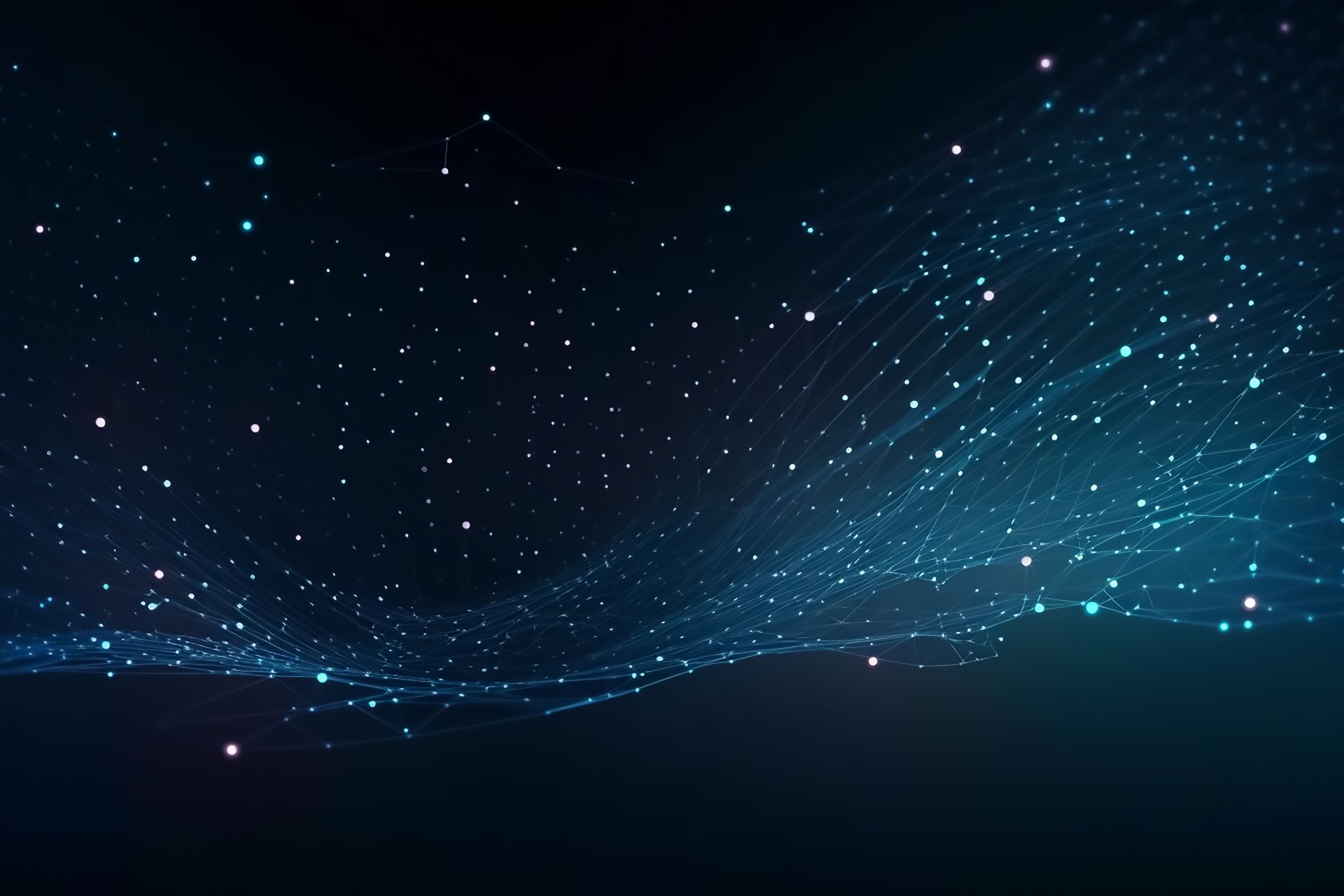 Abstract digital network, dark blue background with glowing dots and connected lines forming wave-like patterns.