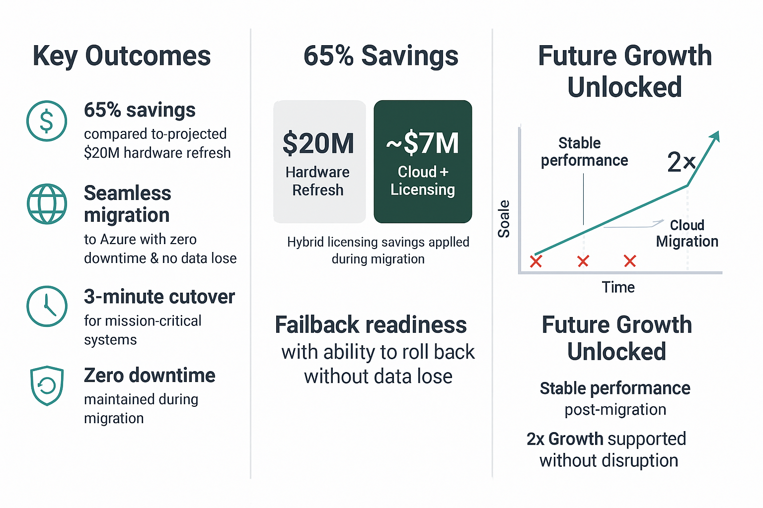 Infographic: Key outcomes of cloud migration, including 65% savings and future growth potential.