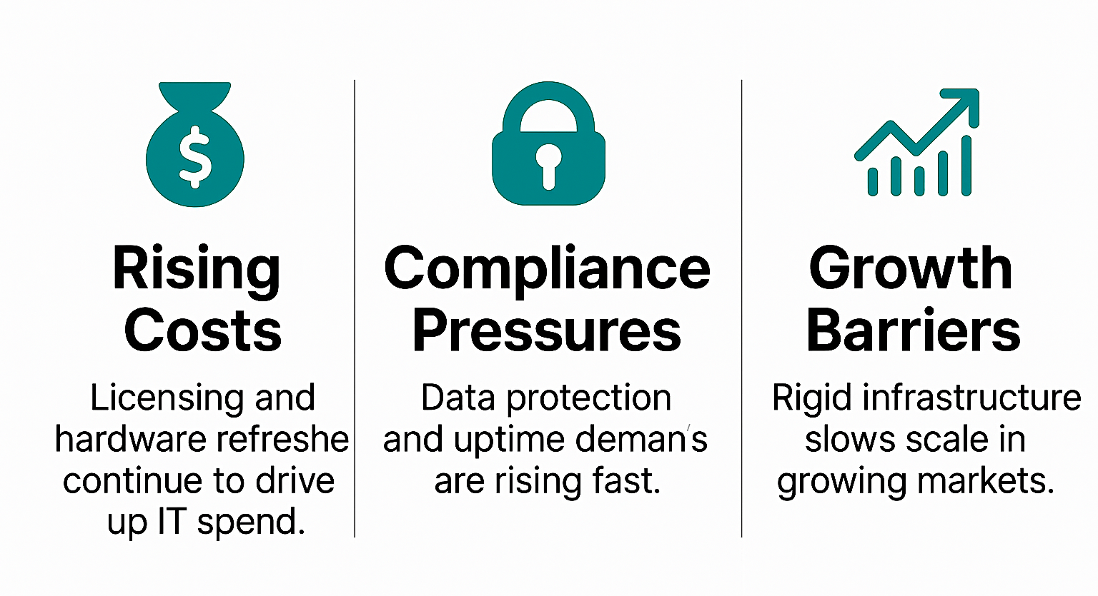 Three icons: a money bag for rising costs, a lock for compliance pressures, and a growing graph for growth barriers.