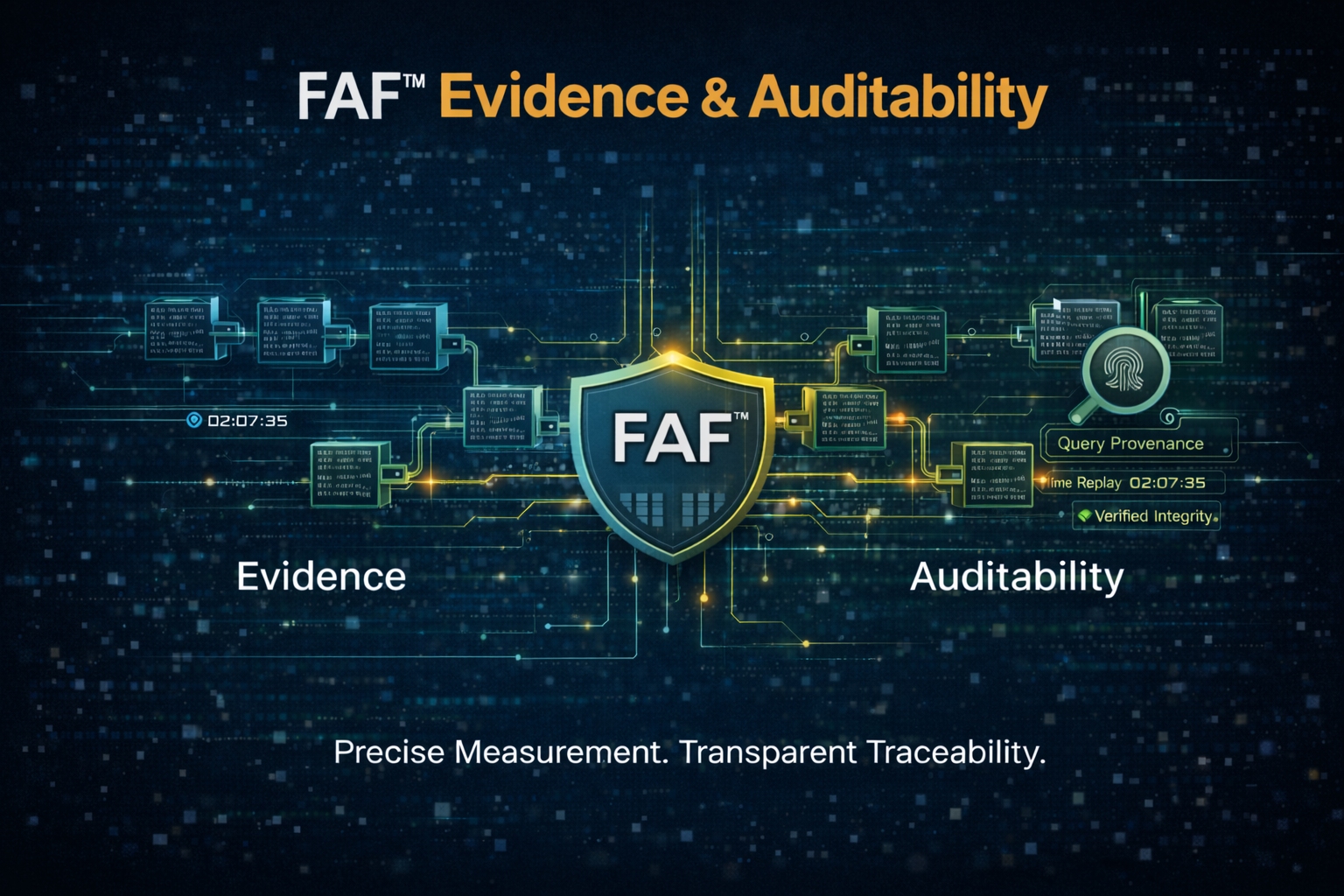 Graphic promoting FAF evidence and auditability with a digital shield and network design, highlighting measurement and traceability.
